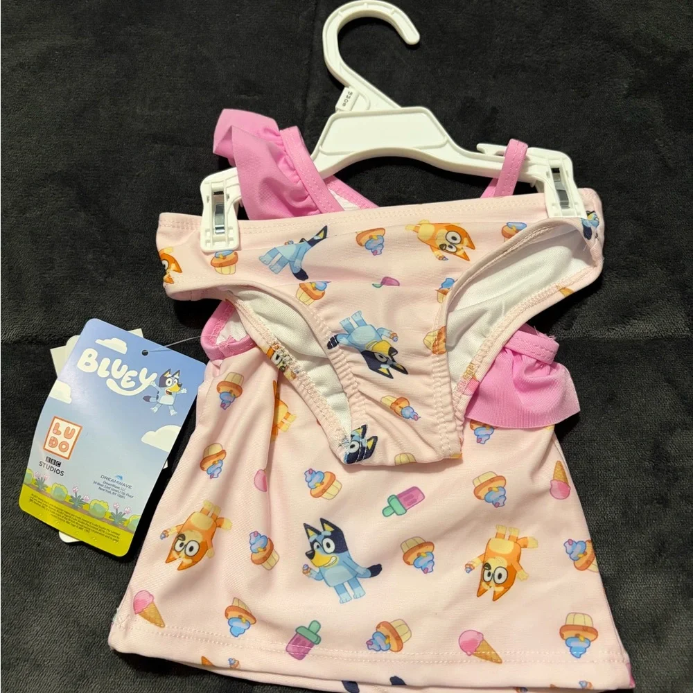 New Bluey Pink One-Shoulder Ruffle toddler Swim Set